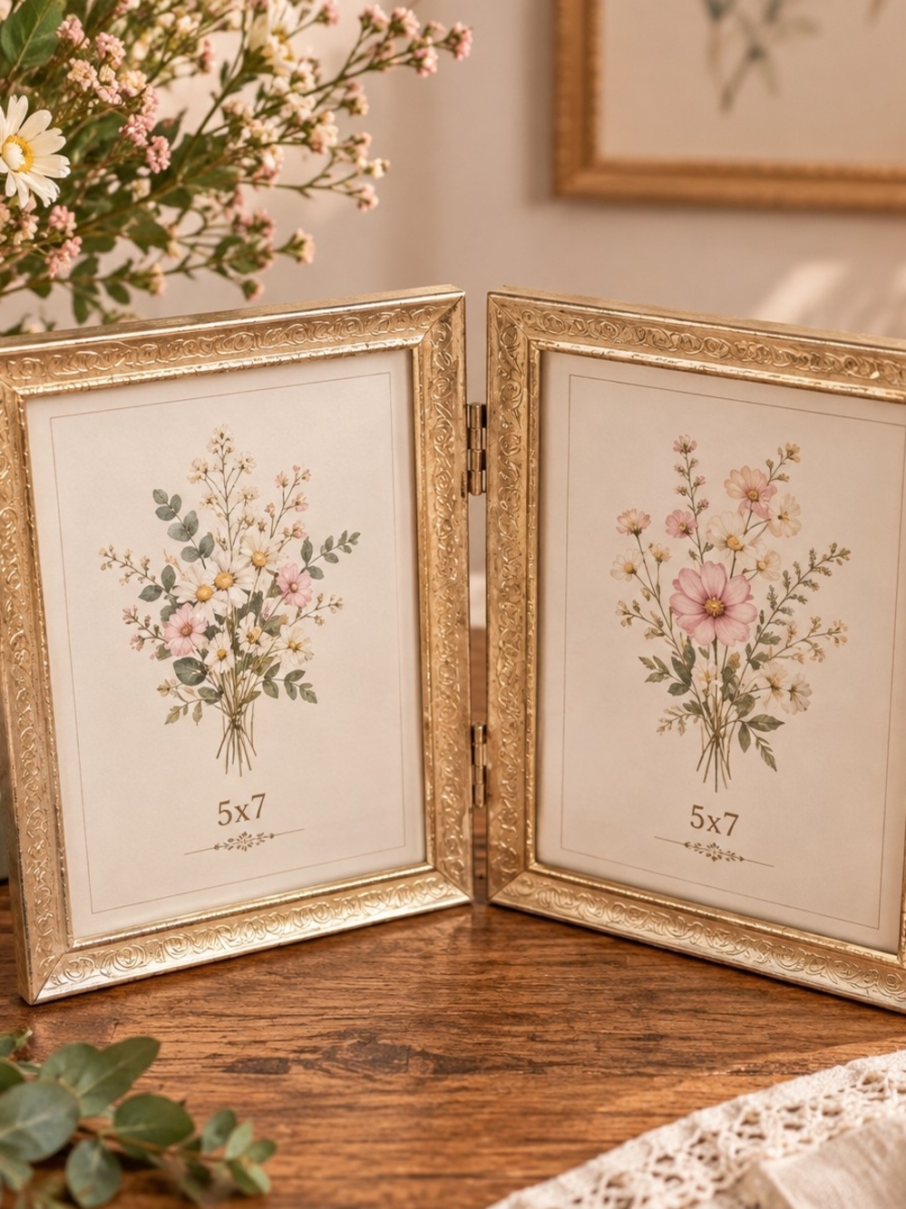 Vintage Bifold Gold Brass Metal Double Hinged Picture Frame - Home Accents 5x7